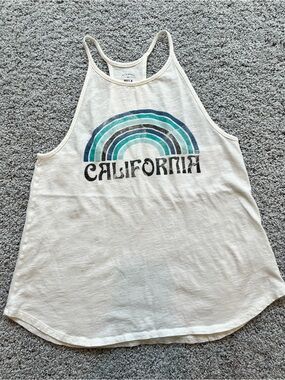 Billabong White Racerback Tank with Blue-Green Retro Rainbow